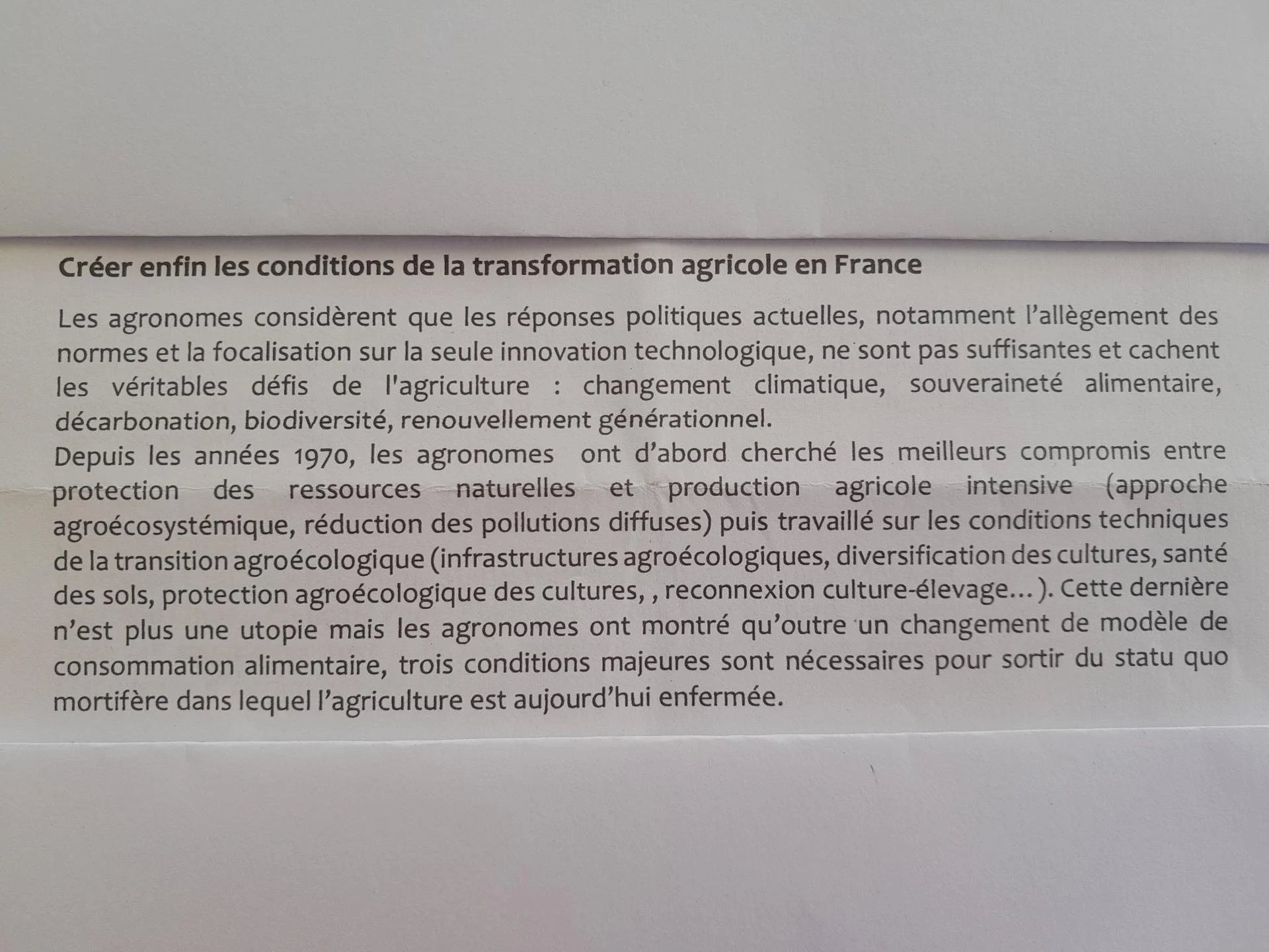 Creer les conditions de la transformation agricole en France.